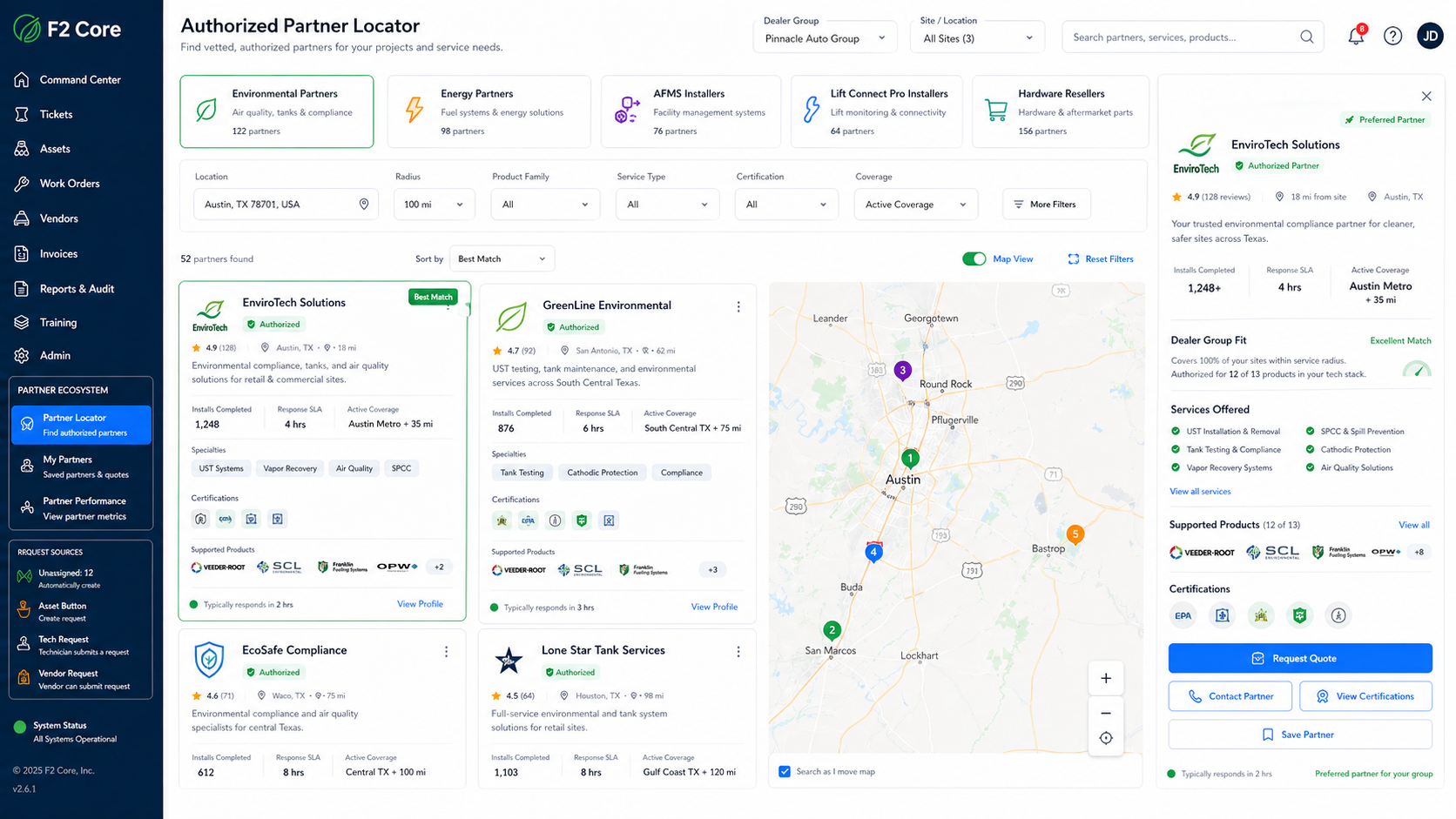 Authorized partner locator dashboard with map and partner profiles for dealership coverage.